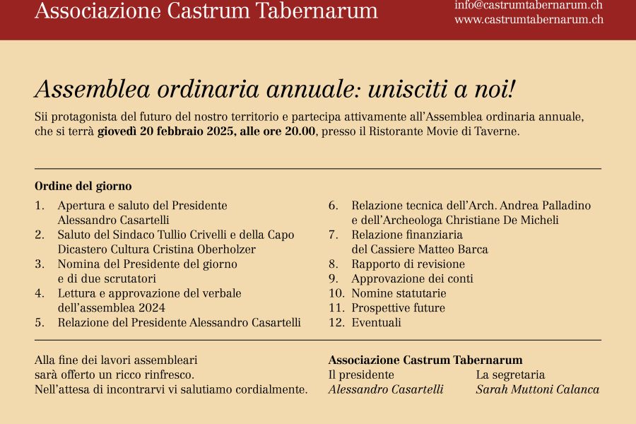 Assemblea annuale Associazione Castrum Tabernarum – 20.02.2025, ore 20.00