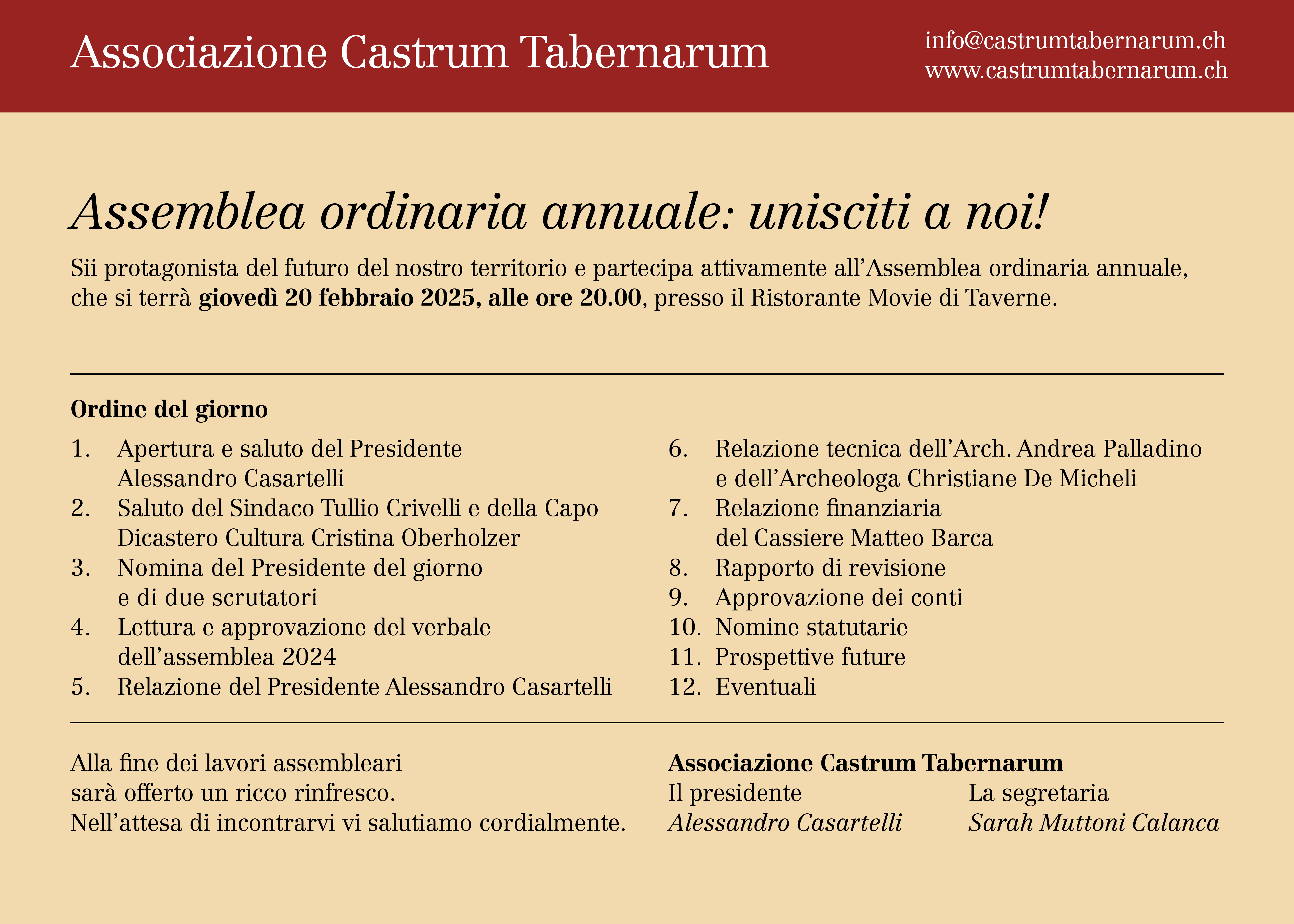 Assemblea annuale Associazione Castrum Tabernarum – 20.02.2025, ore 20.00